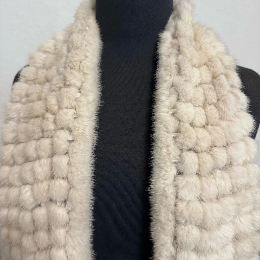 Kelli Kouri Grid Knit Ivory/Cream Fur Soft Scarf L 75